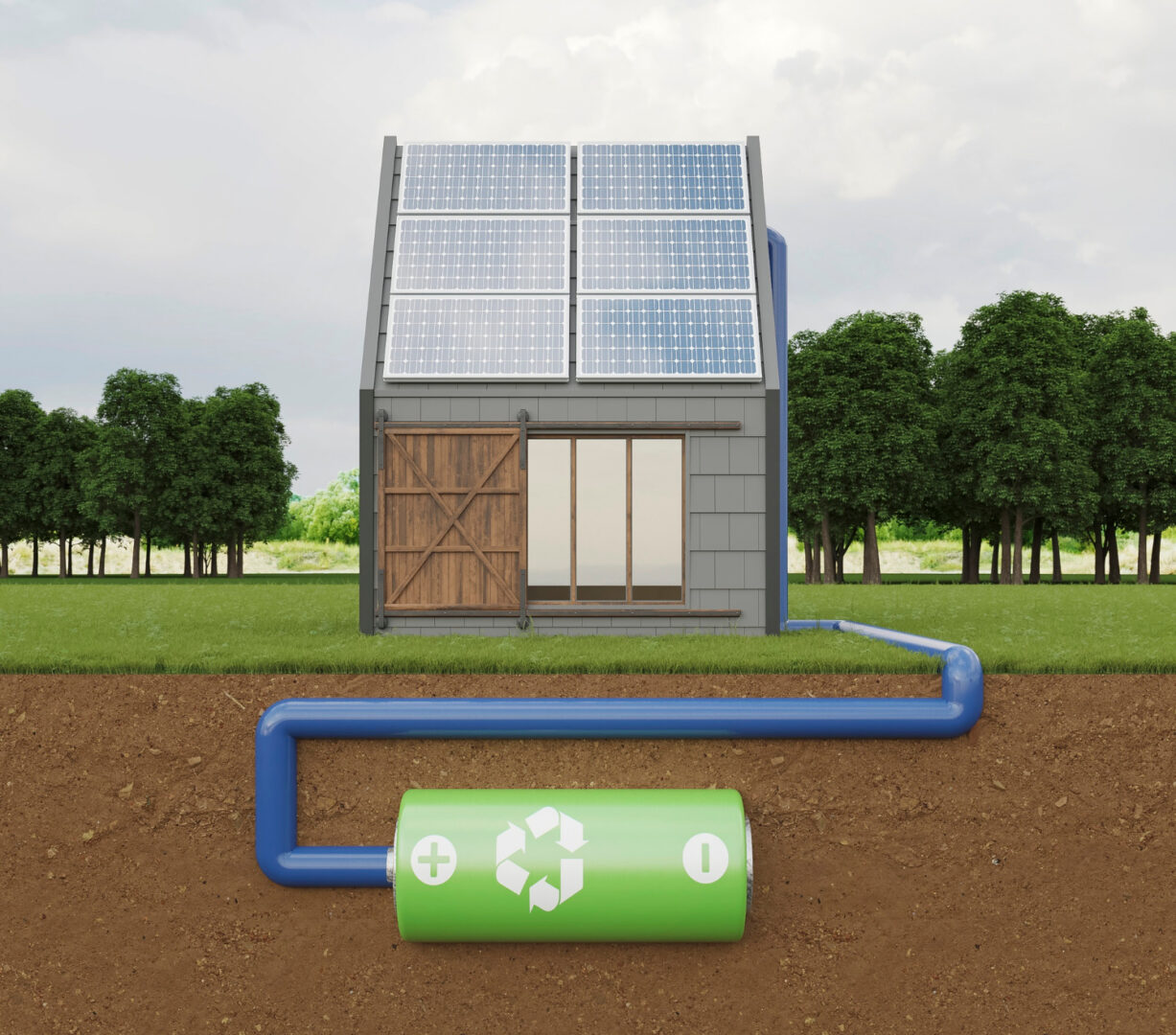Magazyny energii na przykładzie grafiki domku, paneli słonecznych i baterii